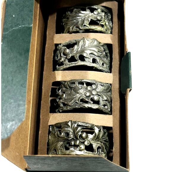 Longaberger American Holly Pewter Napkin Rings 2001 Original Box #75736-Set of 4 - Picture 7 of 10